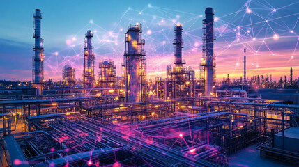 Poster - A vibrant industrial landscape with towering refinery structures illuminated against a colorful sunset, showcasing interconnected technology and innovation