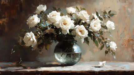 Poster - A beautiful arrangement of white roses in a glass vase, set against a textured background, creating an elegant and serene atmosphere