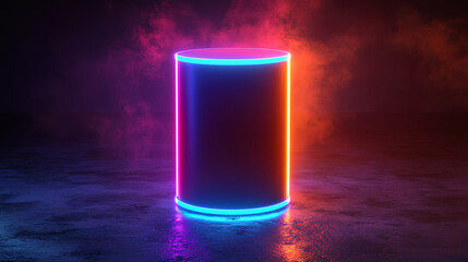 Fototapete - A glowing, neon-lit cylinder stands against a smoky backdrop, creating a vibrant and futuristic atmosphere