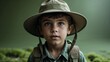 © Arceli - A young boy exploring nature in a safari hat in a forest in closeup portrait on a plain moss green background