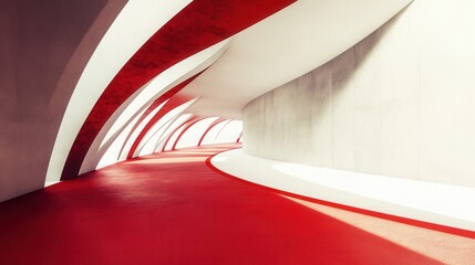 Poster - Modern abstract architecture showcasing flowing lines and red accent in a bright interior space