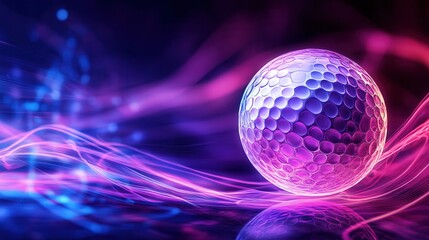 Poster - Colorful Abstract Background with Illuminated Golf Ball Surrounded by Light Trails and Patterns