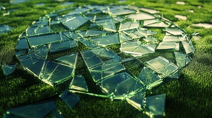 Poster - Shattered Glass Circle on Green Grass Surface Creating a Unique Abstract Design