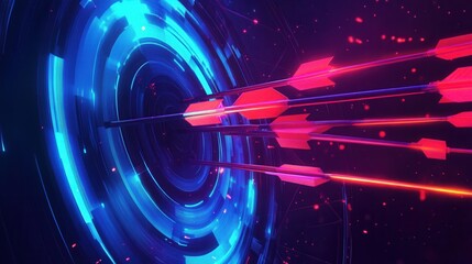 Poster - Dynamic Digital Artwork of Colorful Arrows Moving Towards a Futuristic Target in Space