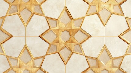 Poster - Intricate Golden Star Pattern Tile Design on Soft Beige Background for Elegant Interiors