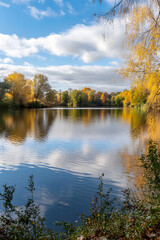 Canvas Print - Serene Autumn Lake Reflection with Golden Foliage and Blue Sky in Peaceful Natural Setting : Generative AI