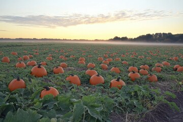 morning light casts a magical glow over a serene pumpkin patch with mist and vibrant colors. generat