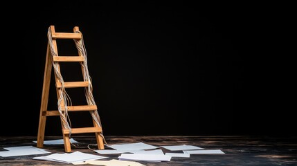 Poster - Debt Energy Concept, Frayed Electrical Wires Decorate a Wooden Ladder Against a Dark Background, Creating a Symbolic Visual Statement
