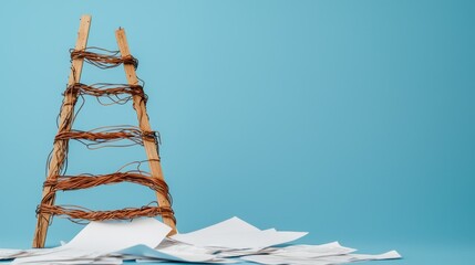 Poster - Debt Energy Concept, Frayed Electrical Wires Wrapped Around a Wooden Ladder with Papers on a Blue Background