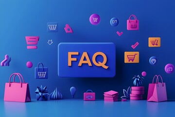 Wall Mural - Modern FAQ Design with Floating E-commerce Icons for Online Businesses