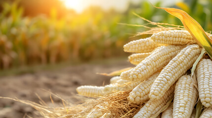 Wall Mural - Closeup of Ripe Corn Cobs in Field at Sunset Ideal for Agriculture and Harvest Themes : Generative AI