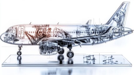 Poster - Highly Detailed Cutaway Technical Diagram Revealing the Complex Interior Components and Structure of a Commercial Jet Airplane Engine and Fuselage