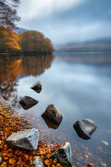 Poster - Tranquil Autumn Lake Reflecting Trees with Misty Overcast Skies : Generative AI