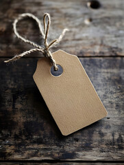 Aufkleber - Blank Brown Paper Price Tag with Twine on Rustic Wooden Background for Handmade Goods : Generative AI