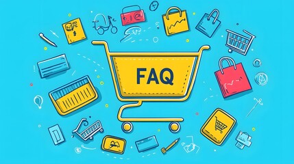 Wall Mural - E-commerce FAQ Banner with Shopping Cart and Online Payment Icons