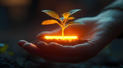 Poster - cutting edge gardening glowing soil tester and thriving plant in hands