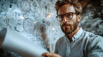 Poster - innovative and curious inventor holding glowing blueprint surrounded by floating holographic gears
