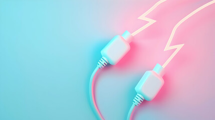 Poster - Abstract representation of glowing cables with lightning bolts against a pastel background