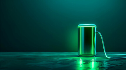 Poster - Futuristic glowing canister with a connected cable on a reflective surface in a dimly lit room