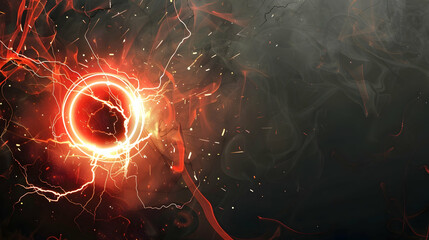 Poster - Abstract depiction of a glowing red energy sphere surrounded by swirling dark smoke and sparks