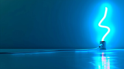 Poster - Neon blue light installation illuminating a minimalist interior space with reflections