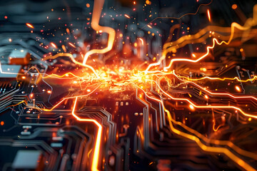 Poster - Abstract representation of electrical energy flowing through a circuit board with vibrant colors