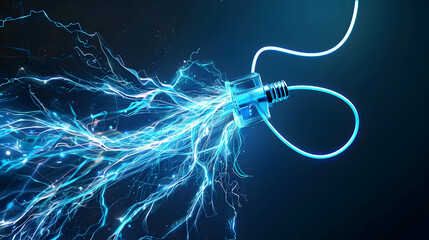 Poster - Electric energy flowing from a power plug, creating dynamic blue sparks against a dark backdrop