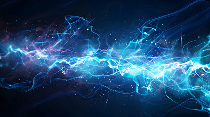 Poster - Abstract representation of electric blue energy waves flowing through a dark space with light particles
