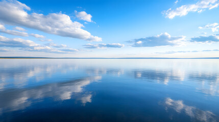 Poster - Tranquil Blue Sky and Reflective Water Scenery with Puffy Clouds at Peaceful Lakeside : Generative AI