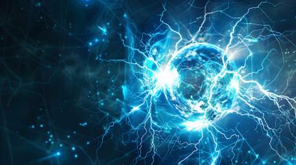 Poster - Electrifying visualization of a glowing planet surrounded by dynamic energy bursts in space