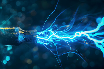 Poster - Electric energy bursts from a metallic nozzle, illuminating a dark background with vibrant blue sparks