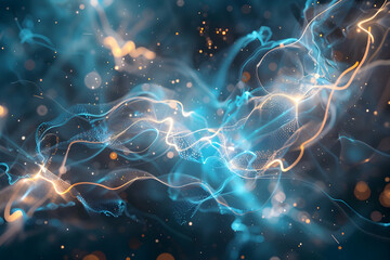 Poster - Abstract light trails and glowing particles create a dynamic background with blue and orange tones