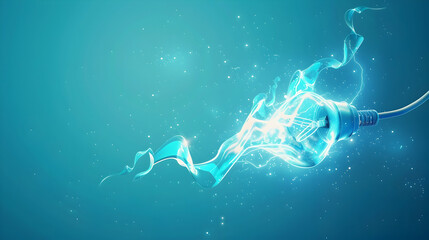 Poster - Electric light bulb with blue energy waves and sparkles, symbolizing innovation and technology