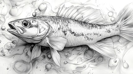  Hand drawn black and white fish illustration, capturing the intricate details of a fish's anatomy.