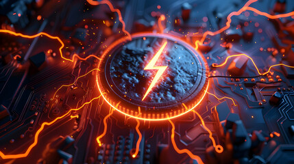 Poster - Abstract representation of energy flow on a circuit board with glowing lightning symbol and sparks