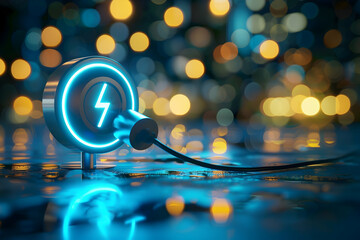 Poster - Neon electric charger glowing in a vibrant, blurred bokeh background with reflections