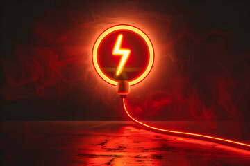 Poster - Bright neon lightning symbol illuminating a dark background with a glowing red ambiance