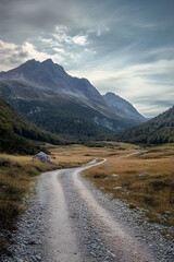 Aufkleber - Scenic Mountain Landscape with Winding Path and Dramatic Sky in Majestic Nature Setting : Generative AI