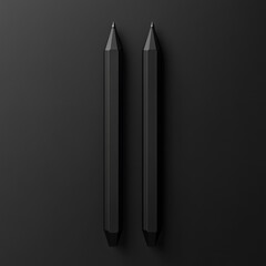 Minimalist Duo: Two Sleek Black Pencils on a Matte Black Background, a Study in Monochrome Design