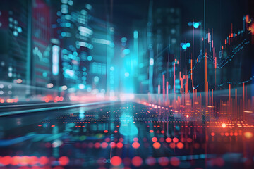 Poster - Futuristic cityscape at night with glowing data visualizations and vibrant lights