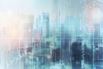 Poster - Abstract cityscape with digital data overlay showcasing urban finance and technology trends
