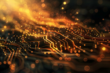 Fototapete - Abstract representation of glowing circuit patterns with bokeh lights in a dark environment