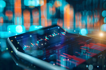 Poster - Digital financial analysis on a tablet, showcasing vibrant market trends in a modern workspace