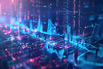 Poster - Abstract digital data visualization with glowing graphs and charts representing analytics trends