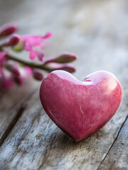 Poster - Romantic Heart Shaped Stone on Rustic Wooden Table with Purple Flowers : Generative AI
