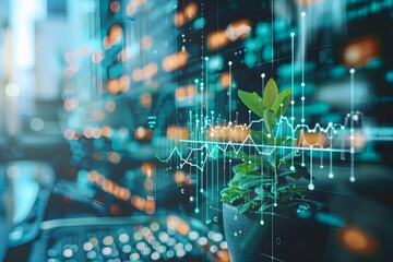 Poster - Modern workspace with potted plant, digital data visualization, and blurred city background