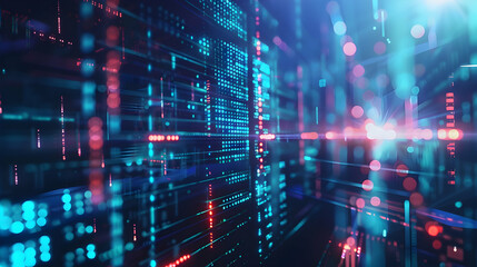 Poster - Abstract digital data flow with vibrant blue and red lights illuminating a futuristic environment