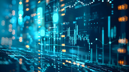 Poster - Abstract digital data visualization with glowing graphs and charts against a dark background