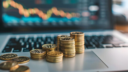 Poster - Stacked coins on a laptop keyboard with financial graphs displayed in the background