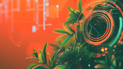 Poster - Abstract digital composition featuring vibrant green foliage intertwined with futuristic technology elements